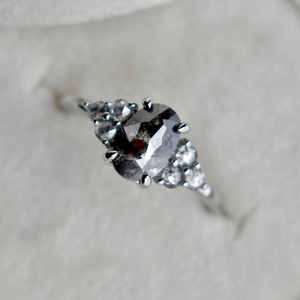 19kw Oval Salt &amp; Pepper Diamond Ring with Clustered Accents - Magpie Jewellery