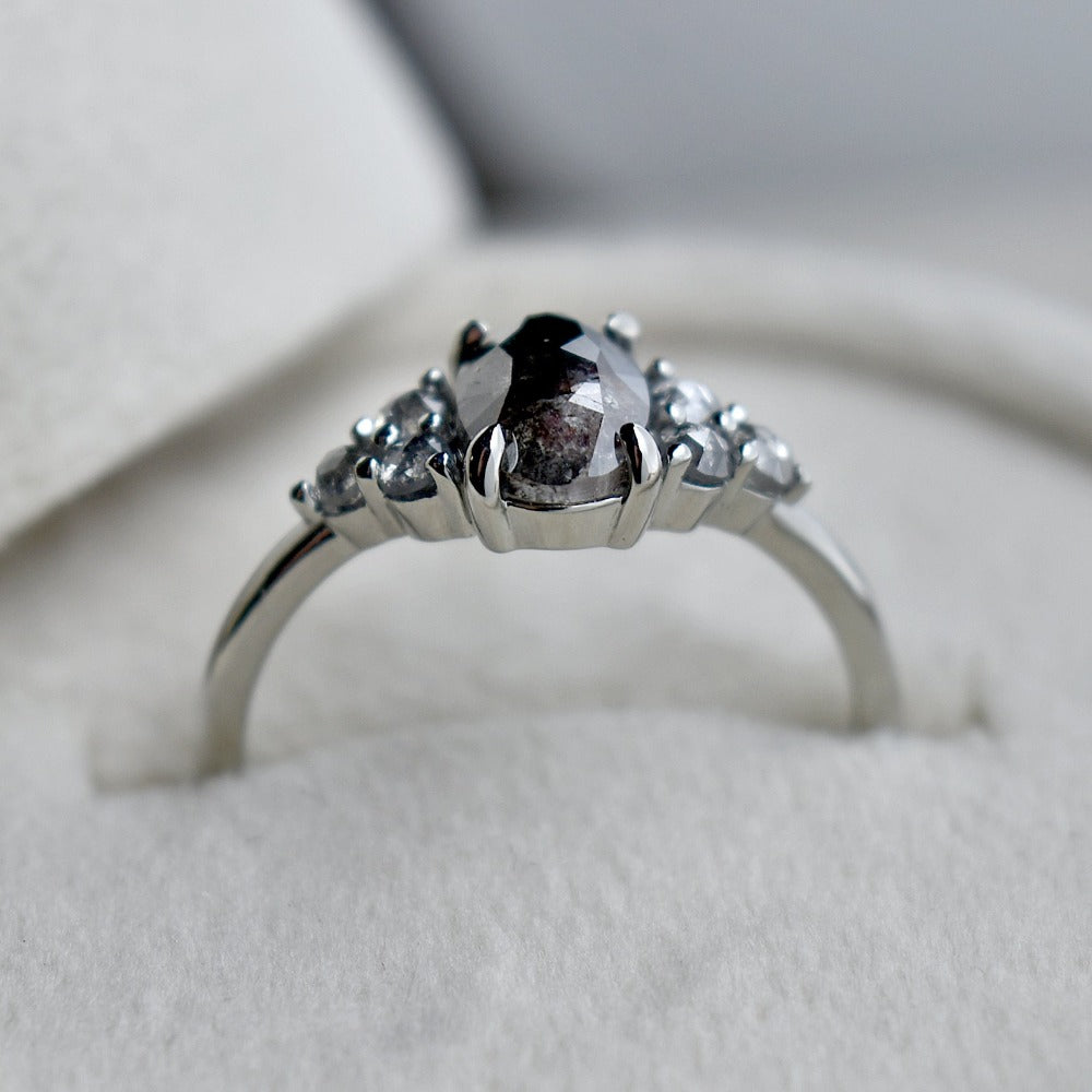 19kw Oval Salt & Pepper Diamond Ring with Clustered Accents - Magpie Jewellery