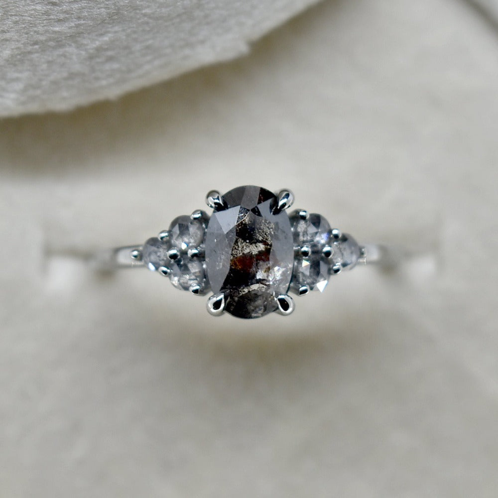 19kw Oval Salt &amp; Pepper Diamond Ring with Clustered Accents - Magpie Jewellery