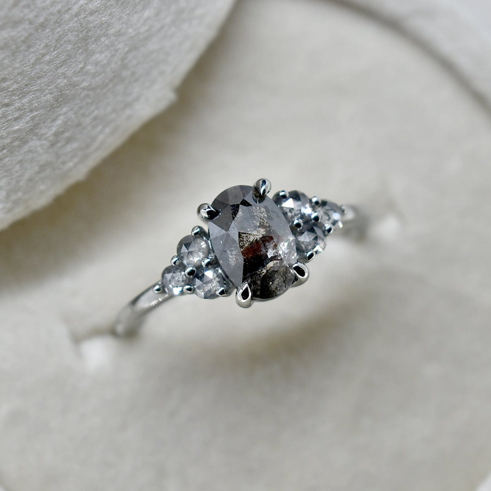 19kw Oval Salt &amp; Pepper Diamond Ring with Clustered Accents - Magpie Jewellery