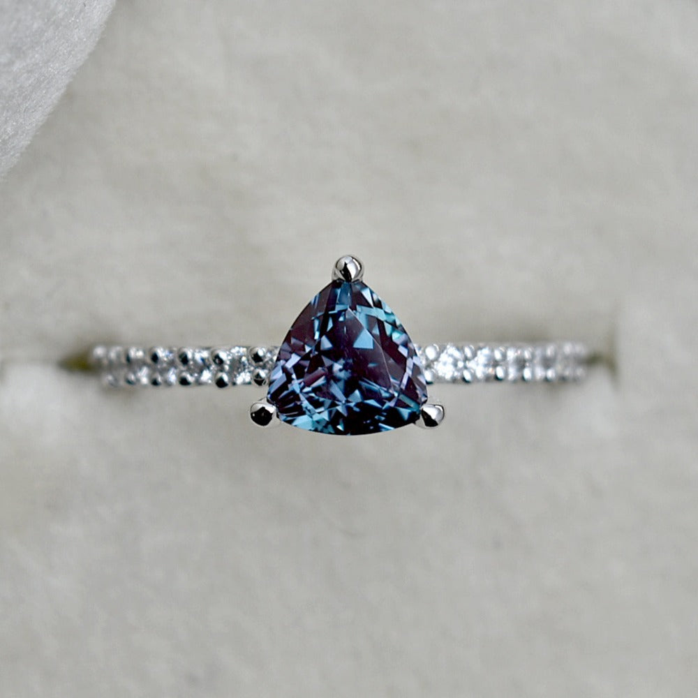 14k White Gold Trillion Cut Synthetic Alexandrite Engagement Ring - Magpie Jewellery