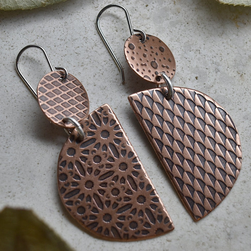 Circle &amp; Semi-Circle Copper Drop Earrings - Magpie Jewellery