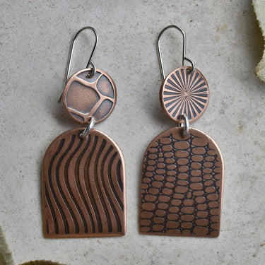 Shield & Circle Copper Drop Earrings - Magpie Jewellery