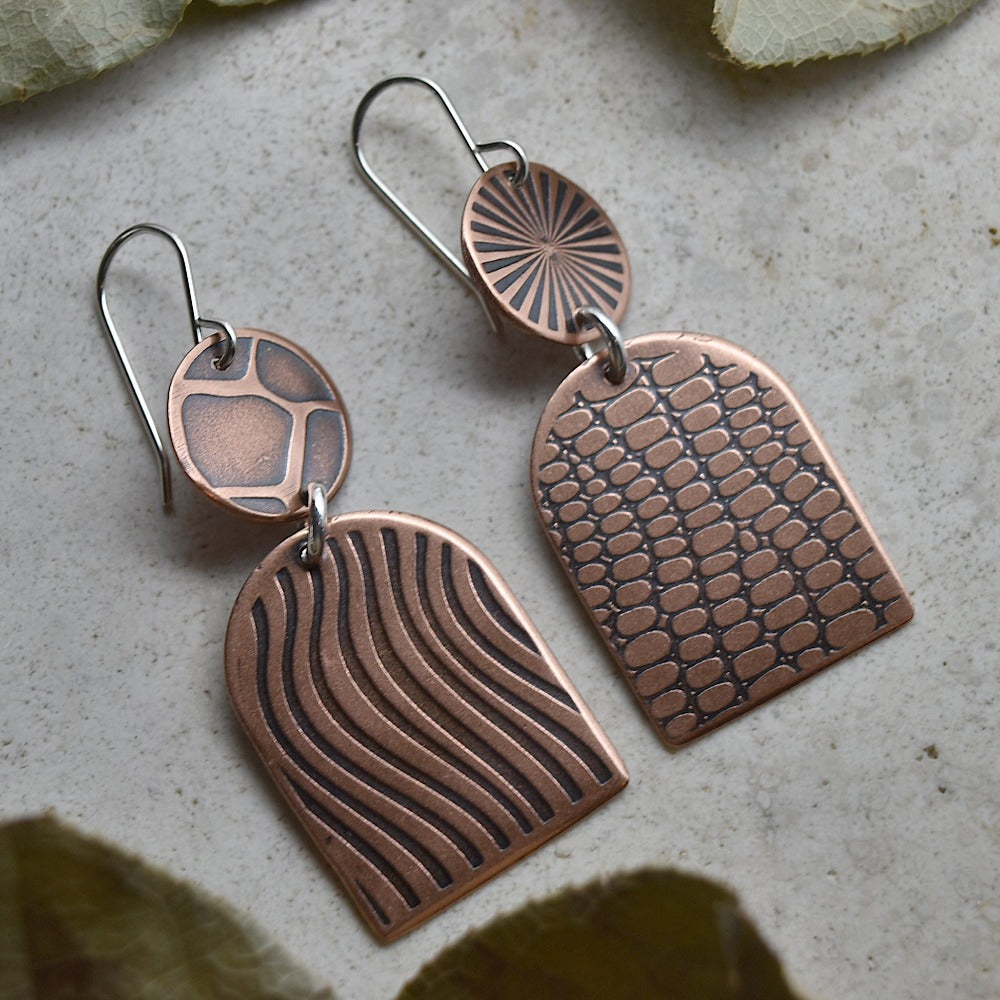 Shield & Circle Copper Drop Earrings - Magpie Jewellery