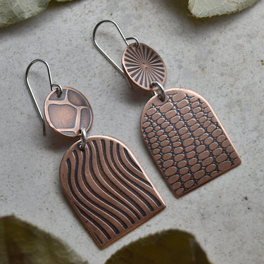 Shield & Circle Copper Drop Earrings - Magpie Jewellery