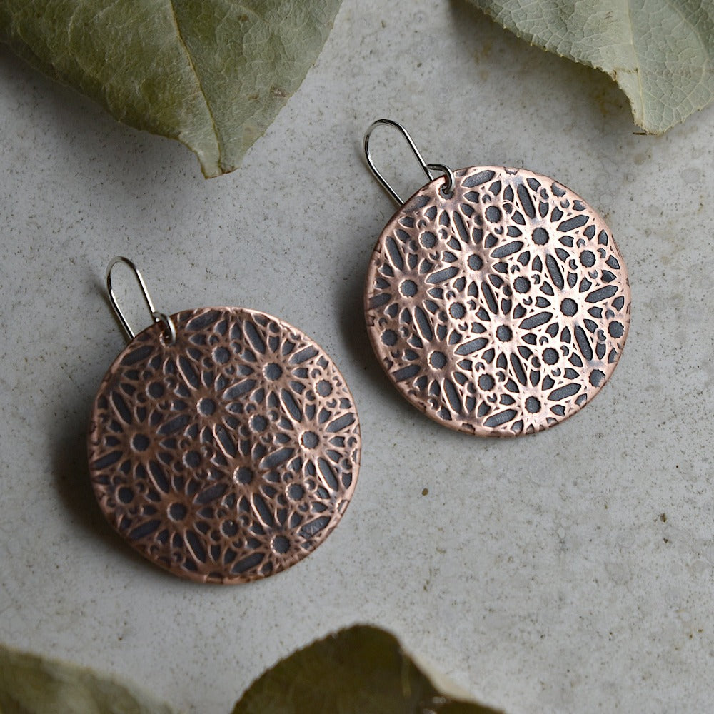 &#39;Lines &amp; Circles&#39; Large Copper Disc Drop Earrings - Magpie Jewellery