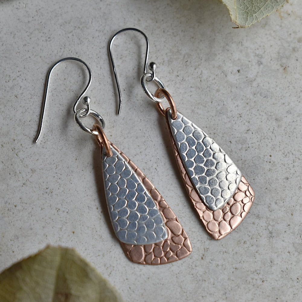 'Cobblestone' Silver & Copper Double Drop Earrings - Magpie Jewellery