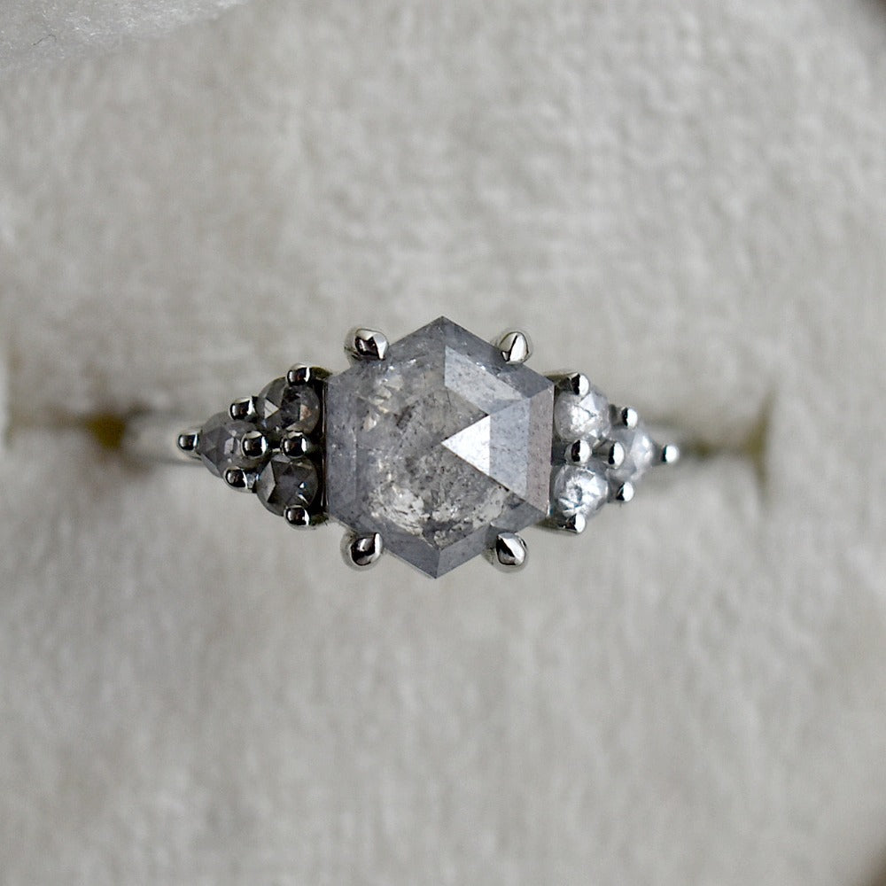 Hexagonal Salt & Pepper Diamond Ring with Clustered Accents - Magpie Jewellery