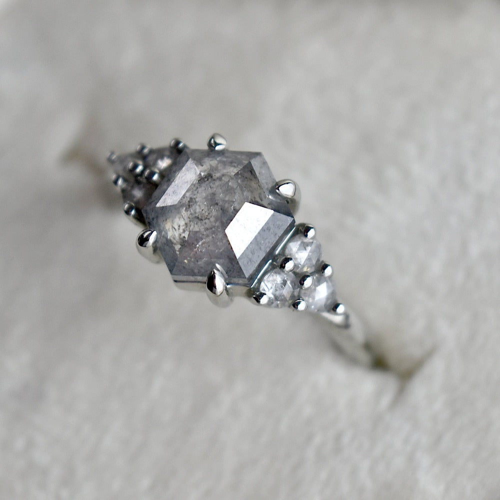 Hexagonal Salt &amp; Pepper Diamond Ring with Clustered Accents - Magpie Jewellery