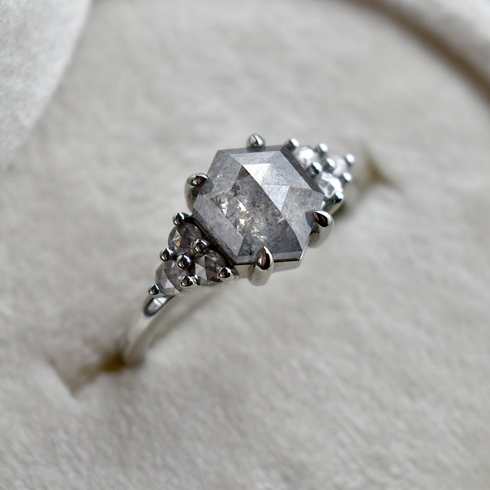 Hexagonal Salt &amp; Pepper Diamond Ring with Clustered Accents - Magpie Jewellery