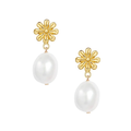  A daisy casted in 14-karat solid gold paired with a large lustrous oval pearl drop 