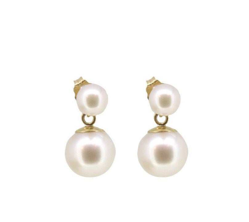A pair of double pearl 14k Gold earrings featuring four lustrous pearls
