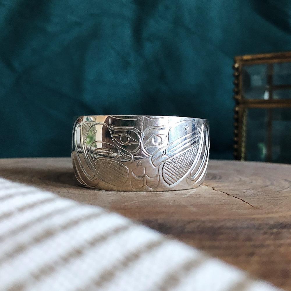 Extra Wide Silver Totem Cuff - Raven & Eagle - Magpie Jewellery