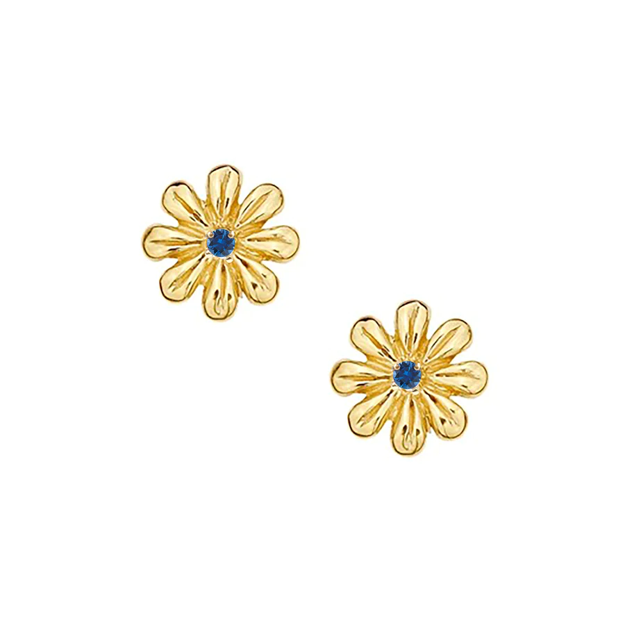 A pair of cheerful daisies casted in 14-karat solid gold with a precious Blue Sapphire in the center