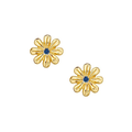 A pair of cheerful daisies casted in 14-karat solid gold with a precious Blue Sapphire in the center