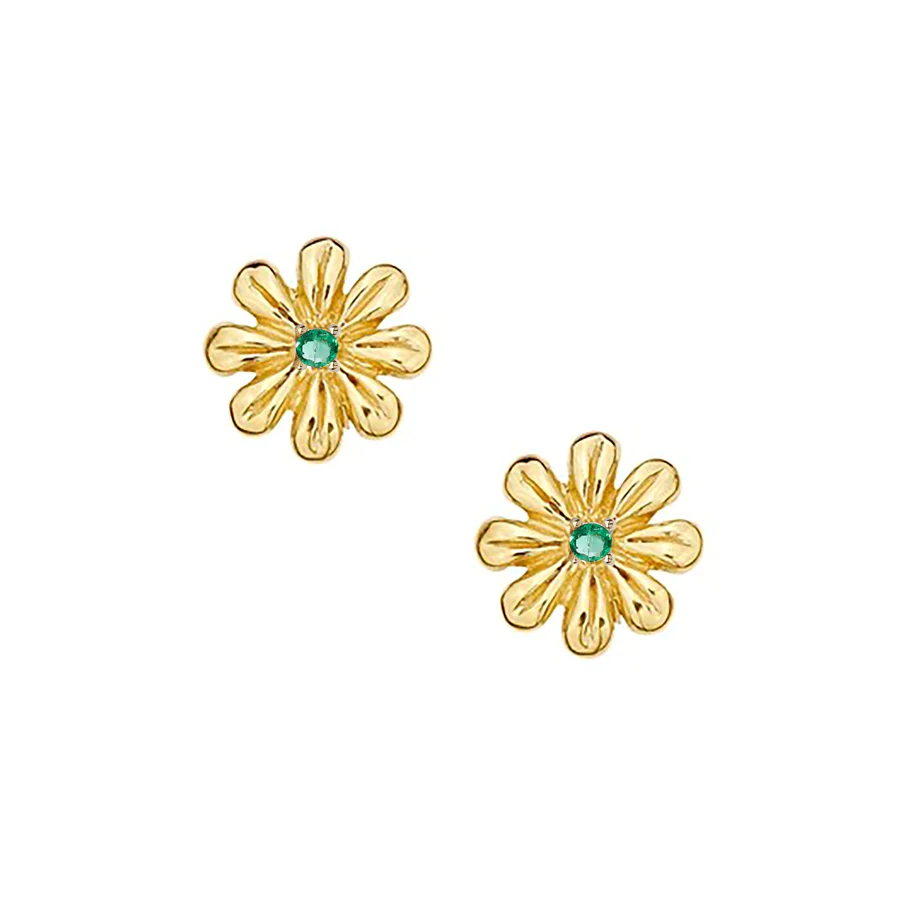 A pair of cheerful daisies casted in 14-karat solid gold with a precious Emerald in the center