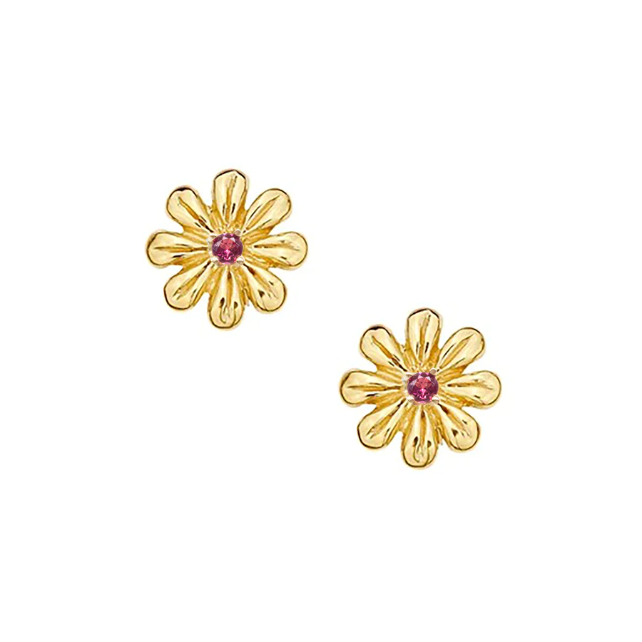 A pair of cheerful daisies casted in 14-karat solid gold with a precious Ruby in the center