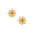 A pair of cheerful daisies casted in 14-karat solid gold with a precious Ruby in the center