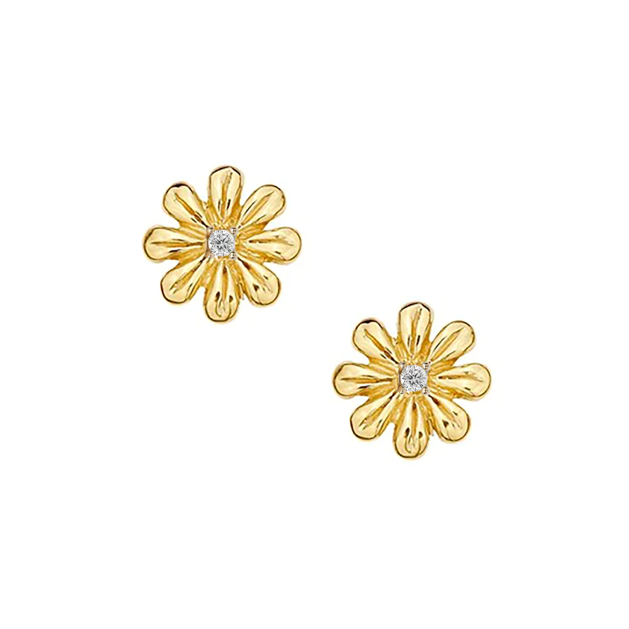 A pair of cheerful daisies casted in 14-karat solid gold with a precious Diamond in the center
