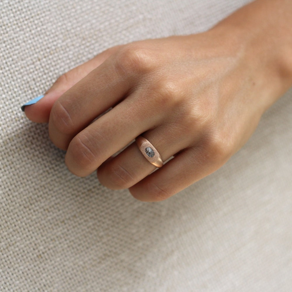 Textured Diamond Recycled Rose Gold Signet Ring | Magpie Jewellery