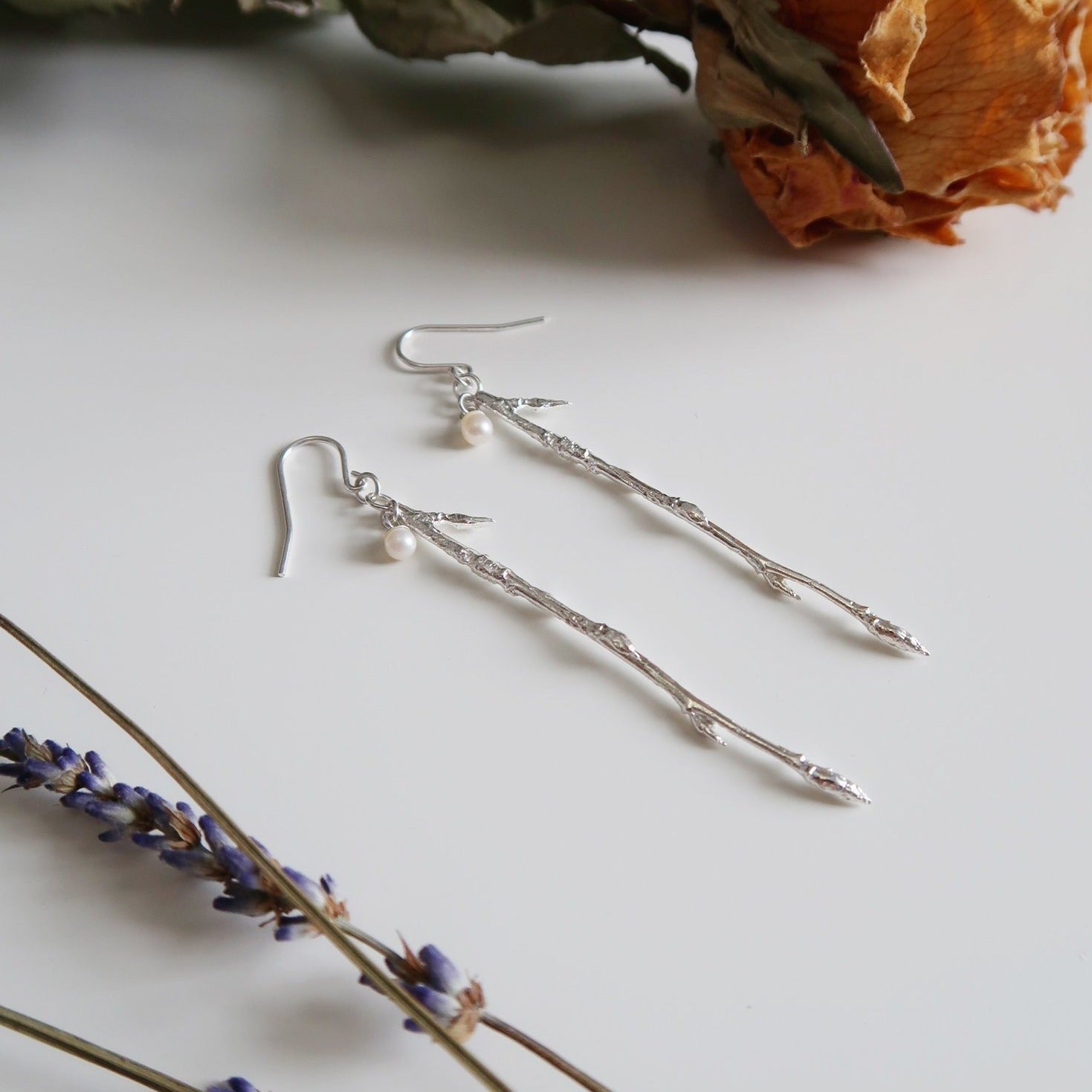 Dangling Branch Earrings with Pearl - Magpie Jewellery