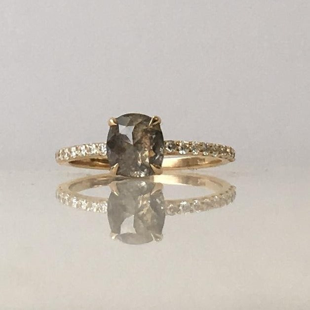  Yellow Gold Ring w/ .78ct Salt &amp; Pepper Rose Cut Cushion Diamond