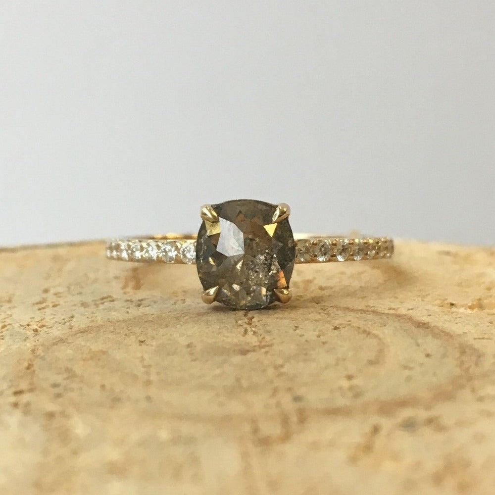  Yellow Gold Ring w/ .78ct Salt &amp; Pepper Rose Cut Cushion Diamond