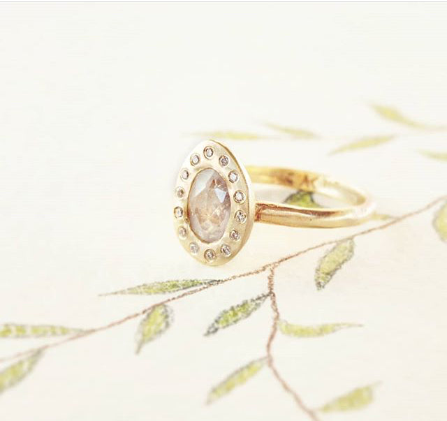 OOAK-14ky Rustic White 1.11ct Oval Sapphire w/ Halo Engagement Ring | Magpie Jewellery