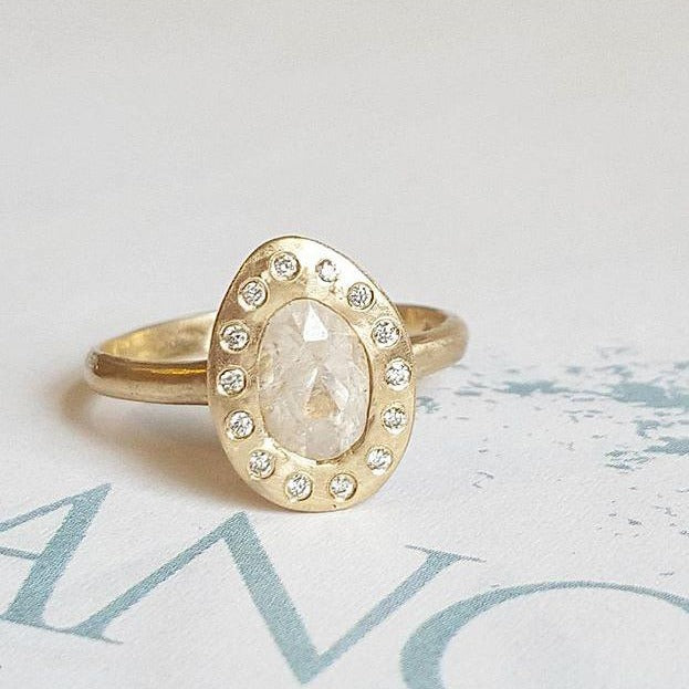 OOAK-14ky Rustic White 1.11ct Oval Sapphire w/ Halo Engagement Ring | Magpie Jewellery