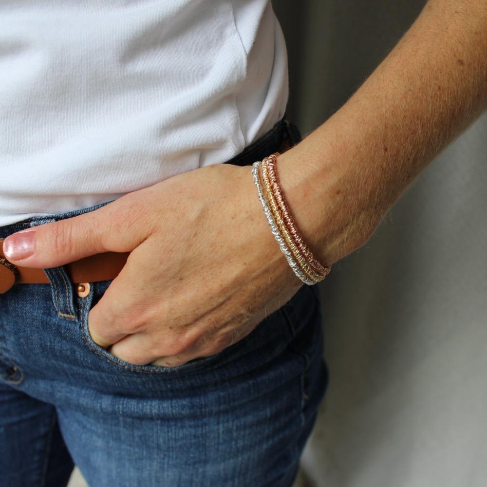 The 20/20 Cuff Bracelet | Magpie Jewellery | On Model | Silver | Yellow Gold | Rose Gold | Layered From Right-to-Left