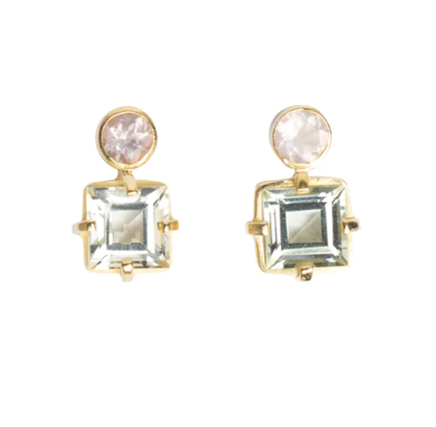 Isola Bella Gold Vermeil Green Amethyst & Rose Quartz Stud Earrings - Magpie Jewellery