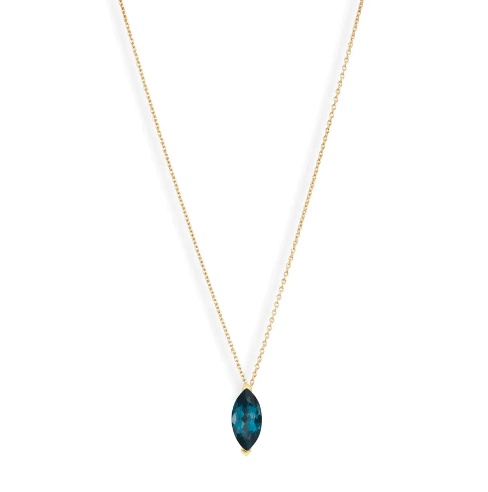 A vibrant marquise cut gemstone pendant on a dainty 14-karat gold cable chain