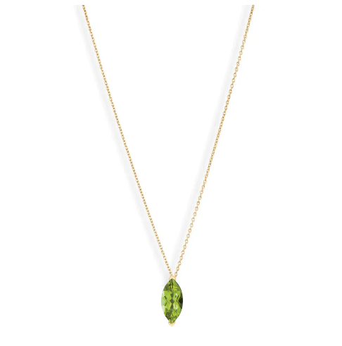 A vibrant marquise cut gemstone pendant on a dainty 14-karat gold cable chain