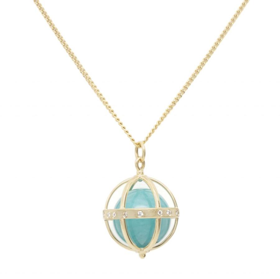 Large Cage Necklace w/ Gemstone Ball - Amazonite scattered pave
