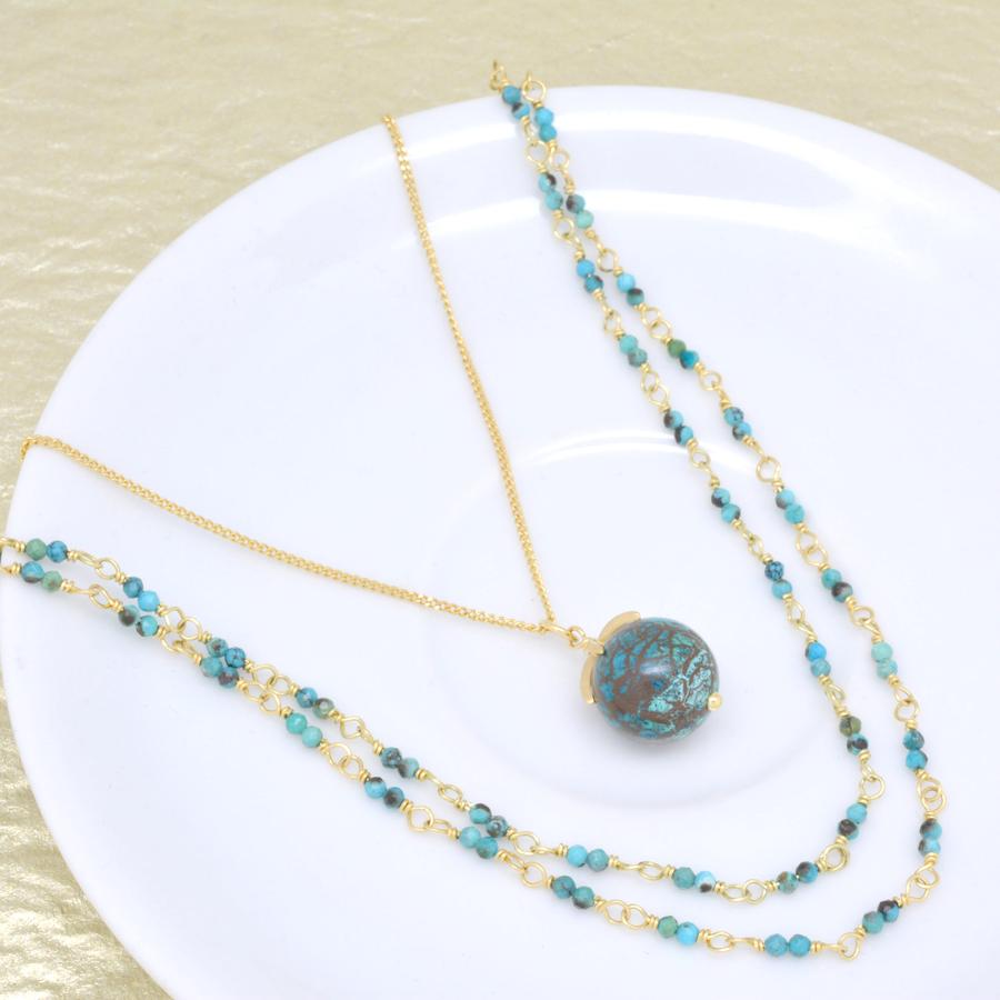 Gold Pendant Gemstone Sphere Necklace - Chrysocolla