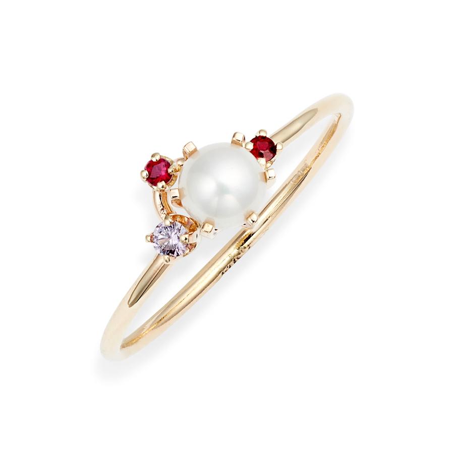 14K Yellow Gold cluster ring showcasing a white pearl at its center, adorned by Two Rubys and a pink sapphire 