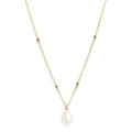 An oval shaped pearl pendant on a dainty 14-karat gold chain with little gold bead details.