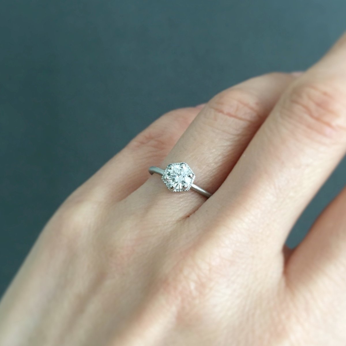 .50ct White Diamond Hexagon Ring | Magpie Jewellery Platinum modelled on hand