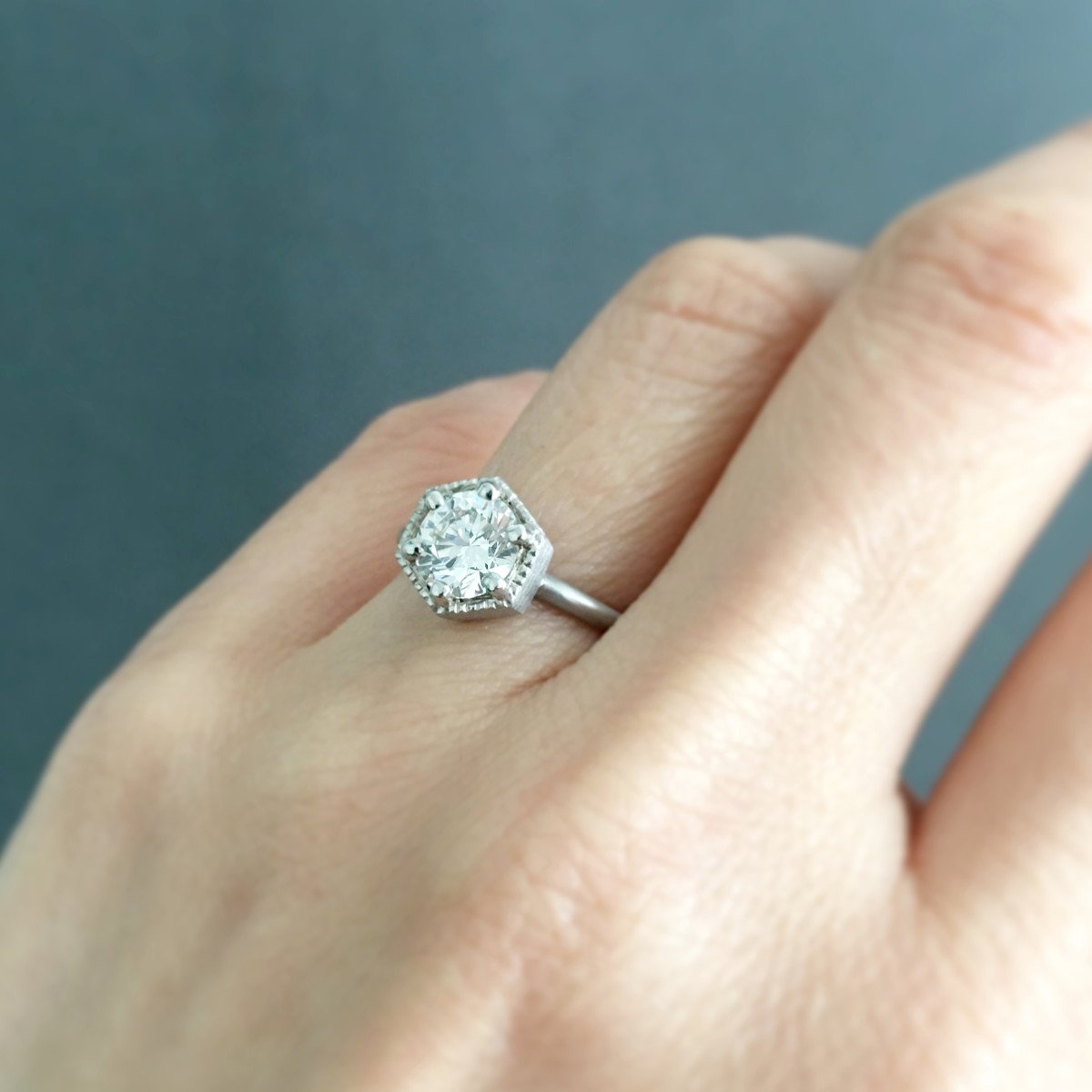 1ct White Diamond Hexagon Ring | Magpie Jewellery Platinum pictured on hand