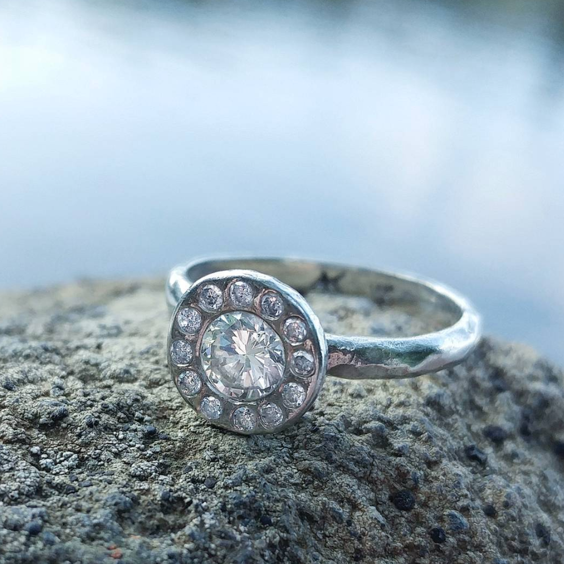 White Gold Sand Halo Ring - Magpie Jewellery