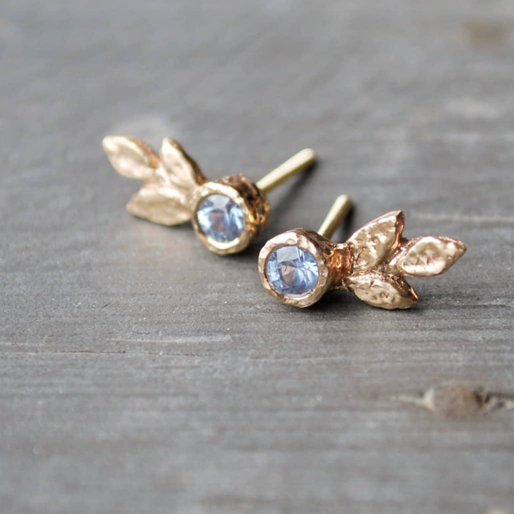 Triple Leaf Gold Earrings with Blue Sapphires