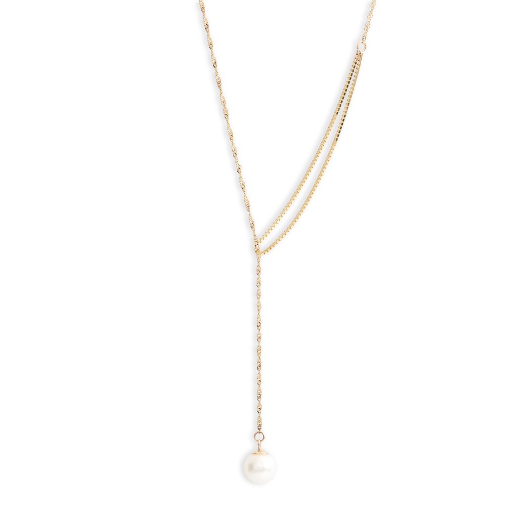 A round pearl anchors this pull through style necklace handcrafted in a contrast of twisted rope and box chains