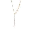 A round pearl anchors this pull through style necklace handcrafted in a contrast of twisted rope and box chains