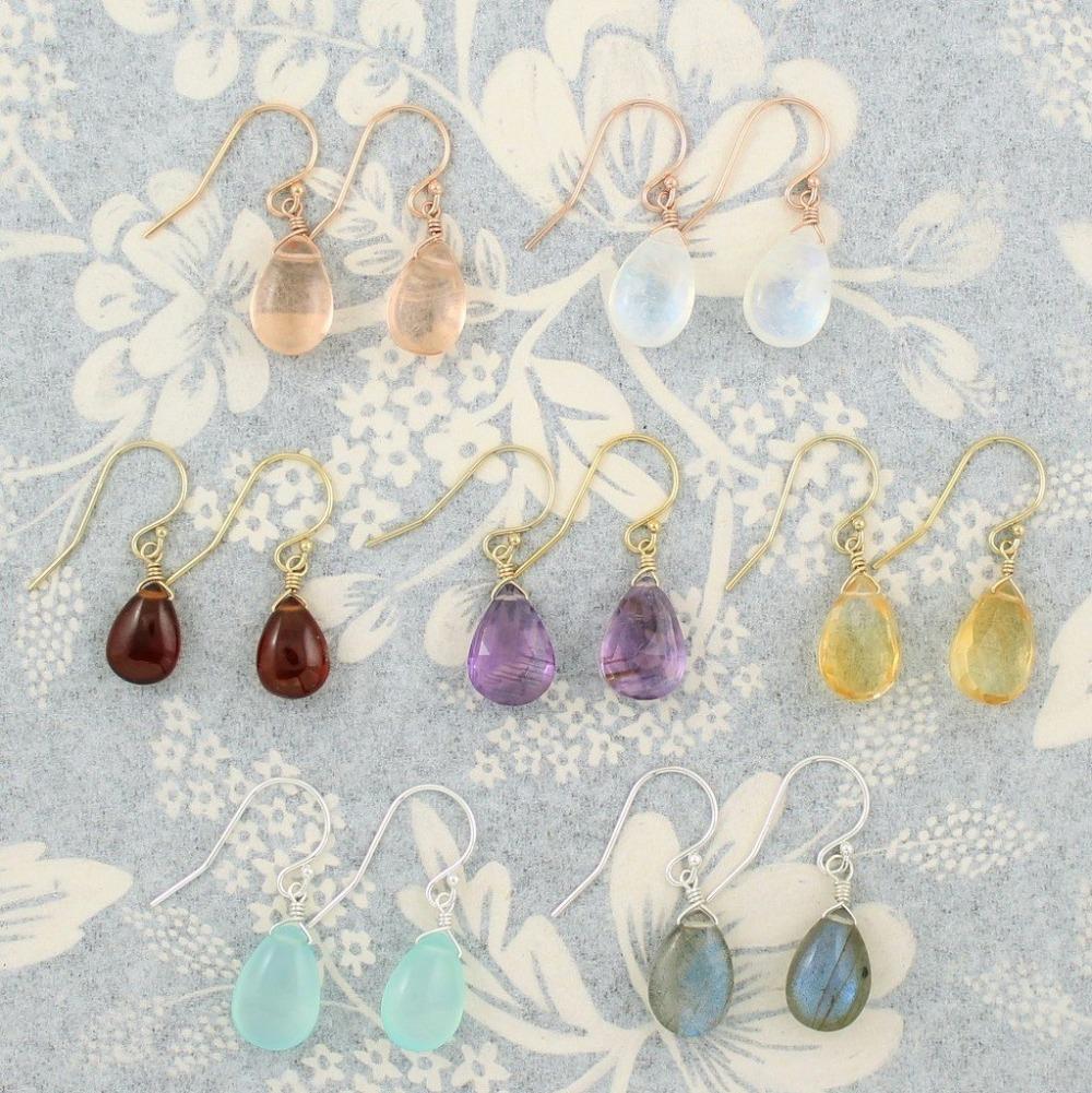 Gemstone Solo Earring | Magpie Jewellery | Rose Gold | Yellow Gold | Silver | Champagne Quartz | Moonstone | Garnet | Amethyst | Citrine | Aqua Chalcedony | Labradorite | Stones Listed Left-to-Right Beginning With Top Row