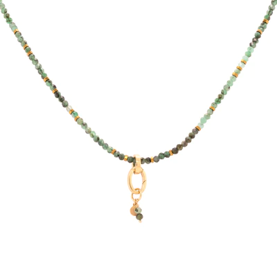 Strung 'Wrap' Sakota emerald gemstone bead necklace with attached / integrated charm clasp.
Anne Sportun tag charm, and beaded charm included.