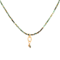 Strung 'Wrap' Sakota emerald gemstone bead necklace with attached / integrated charm clasp.
Anne Sportun tag charm, and beaded charm included.