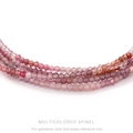 Strung 'Wrap' multicolored spinel gemstone bead necklace with attached / integrated charm clasp.
Anne Sportun tag charm, and beaded charm included.