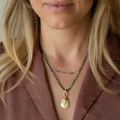 Strung 'Wrap'  gemstone bead necklace with attached / integrated charm clasp.
Anne Sportun tag charm, and beaded charm included. on model