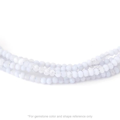 Strung 'Wrap' Blue Chalcedony gemstone bead necklace with attached / integrated charm clasp.
Anne Sportun tag charm, and beaded charm included.