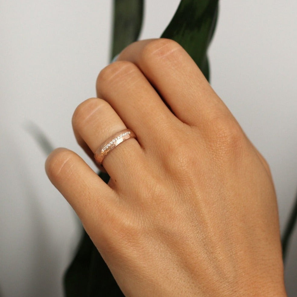 14k Rose Gold  Wide Hammered Band with Diamonds | Magpie Jewellery